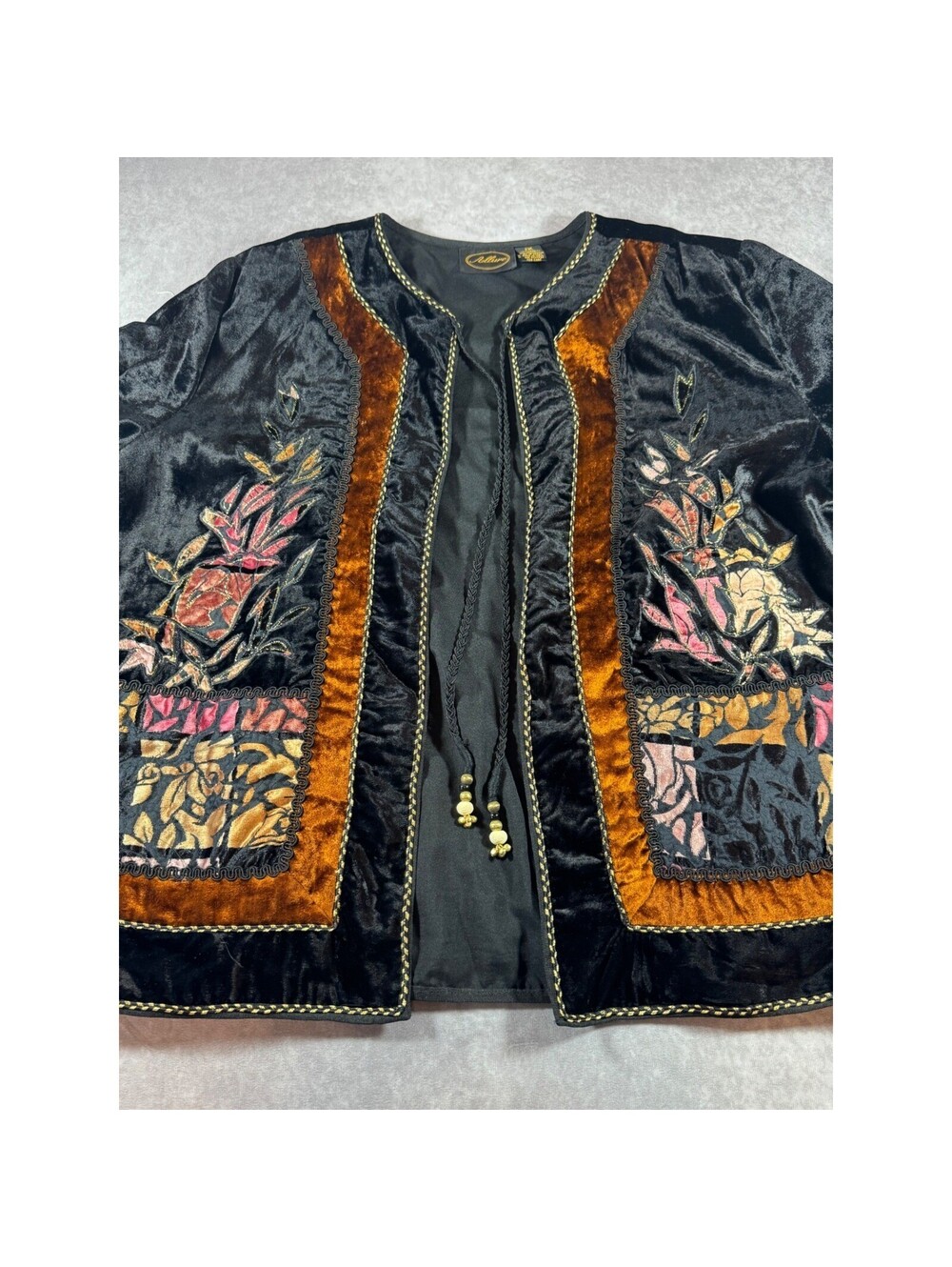 Allure Velvet Floral Patchwork Burnout Jacket Black Copper Boho Art to Wear 1X - Picture 2 of 5